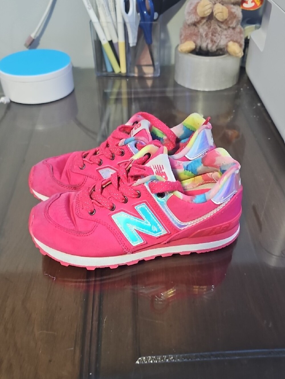New Balance Kids Hot Pink Sneakers with Rainbow Collar - Picture 3 of 6